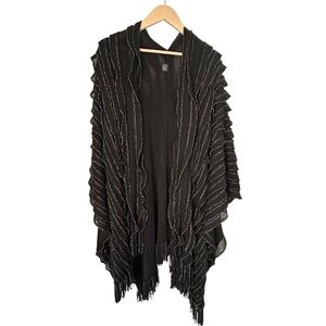 Women's Black and Silver Ruffle and Fringe Poncho